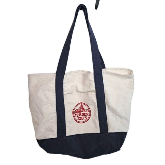 Trader Joe’s Navy Blue Canvas Grocery Tote Bag Full Size Reusable Groceries - Picture 1 of 3
